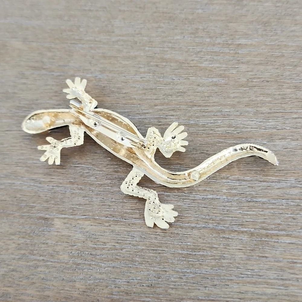 Vintage 80s Gecko Lizard Brooch Black White Gold Enamel Statement Pin